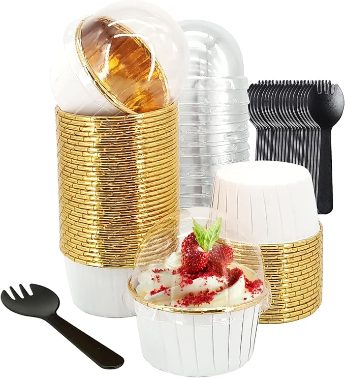 50 Pack Jumbo Cupcake Cups with Lids,LNYZQUS 5oz Foil Cupcake Muffin Liners,Disposable Ramekins Pans Muffin Tins,Large Baking Cups Cupcake Wrappers Holders -White in gold by LNYZQUS