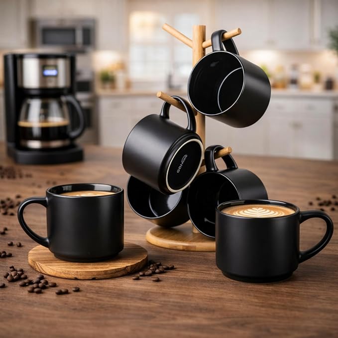GBhome 14 OZ Coffee Mugs Set of 6, Stackable Ceramic Mugs for Men, Women, Modern Coffee Cups With Stable Base for Latte, Tea, Cappuccino. Dishwasher & Microwave Safe, Matte Black - Image 7