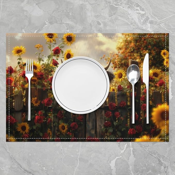 Feelyou Highland Cow Table Mats Placemat 12"x18" Highland Cattle Placemats Set of 4 Decor Animal Placemats for Dining Table Indoor Outdoor Kitchen Western Decor Decor Table Place Mats Rose - Image 2