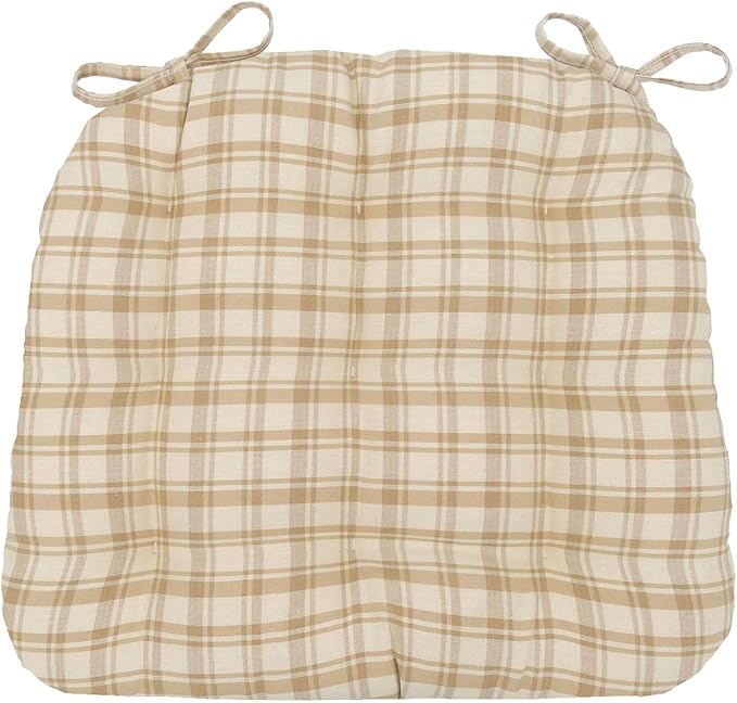 Barnett Home Decor Dining Chair Pad with Ties Montgomery Natural Beige Plaid - Size Medium 16.5 x 18 16.5 x 18 - Latex Foam Fill Cushion, Reversible, Machine Washable - Neutral Tan Tartan by BarnettHomeDecor