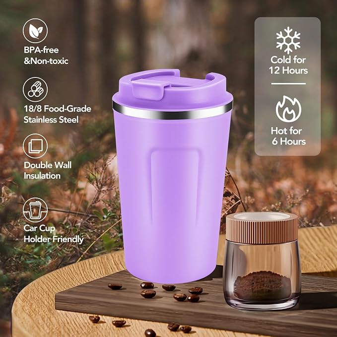 Volhoply 12 oz Double Wall Insulated Vacuum Travel Coffee Mug with Flip Lid Bulk 8 Pack,Reusable Stainless Steel Leak Proof Coffee Cup,Portable Cafe Thermal Tumblers for Hot&Cold Drinks(Purple,8 Set) - Image 5