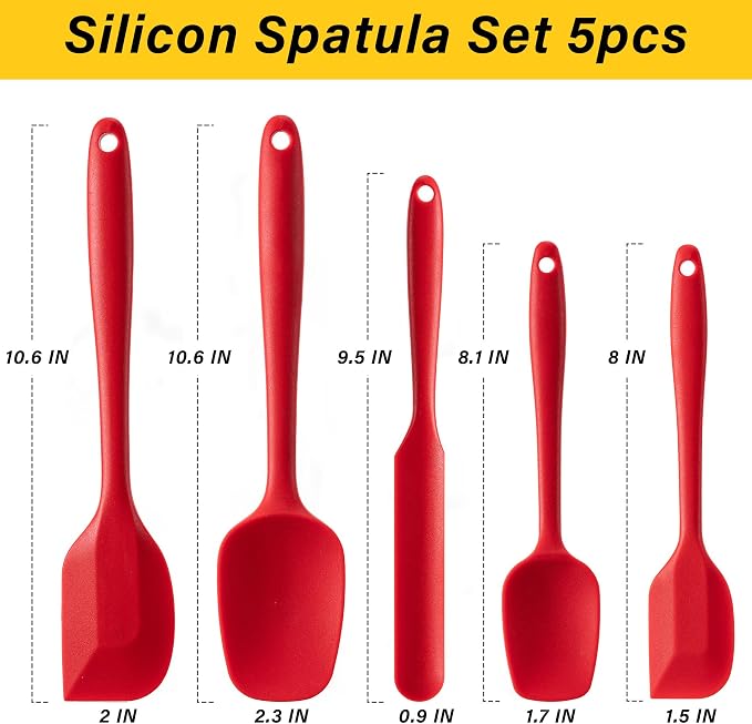 Silicone Spatula Set,5 Piece Food Grade Rubber Spatulas,RED | Spatulas Silicone Heat Resistant for Baking,Cooking,and Mixing High Heat Resistant Non Stick Dishwasher Safe BPA-Free - Image 2
