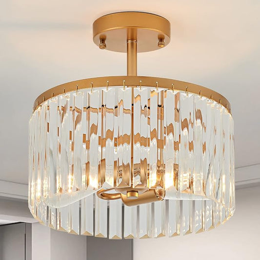 12" Gold Semi Flush Mount Crystal Ceiling Light Fixtures for Kitchen Modern Industrial 2-Light Small Chandeliers Lighting for Bedroom Entryway Hallway Living Dining Room Foyer by Lighceac-ProfessionalLightingFixturesManufacturer