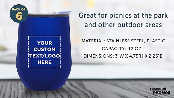 Custom Stemless Wine Tumblers 12 oz. Set of 6, Personalized Bulk Pack - Insulated, Perfect for Wine, Cocktails, Other Hot & Cold Beverages - Blue