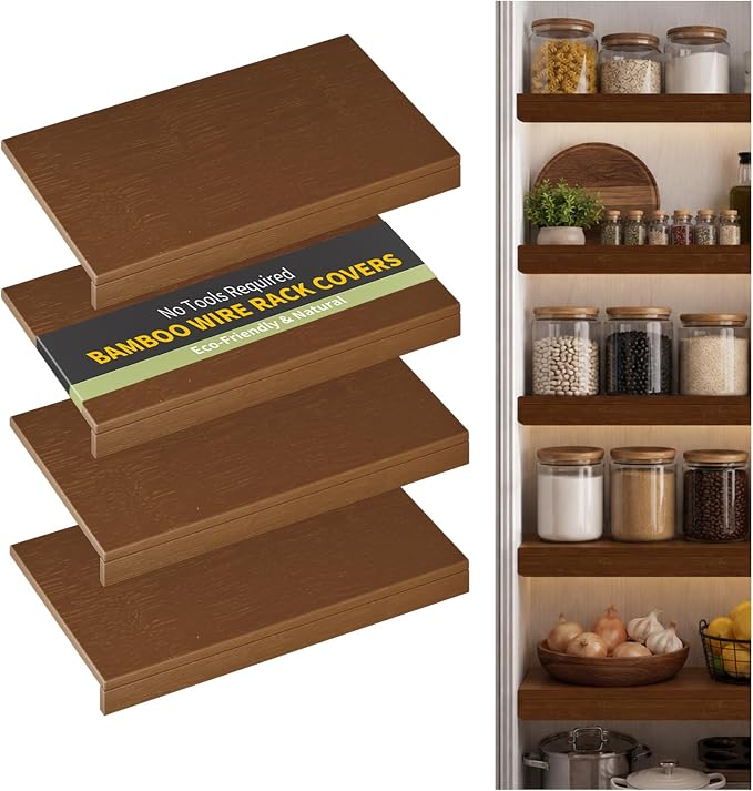 Wire Shelf Covers, Bamboo Wire Rack Covers for Pantry, Closet，Kitchen (4pcs, 28" W x 16" D, Walnut) by ClimbHope