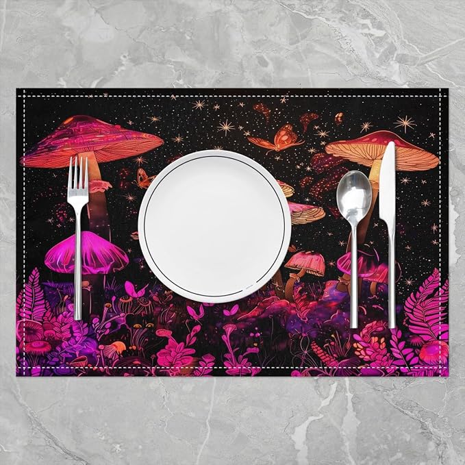Feelyou Colorful Mushroom Table Place Mats 18"x12" Butterfly Placemats Set of 4 Wild Mushroom Placemat for Kitchen Dining Table Decor Indoor Outdoor Longleg Mushroom Decor Table Place Mats - Image 2