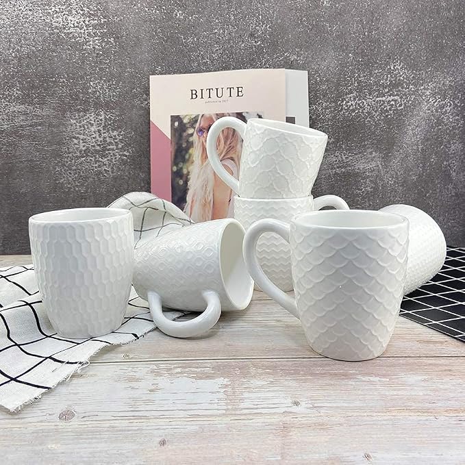 Schliersee 12 OZ White Ceramic Coffee Mugs Set of 6, Stylish Embossed Coffee Cups Set for Coffee, Tea, Milk, Cocoa, Cereal - Image 7