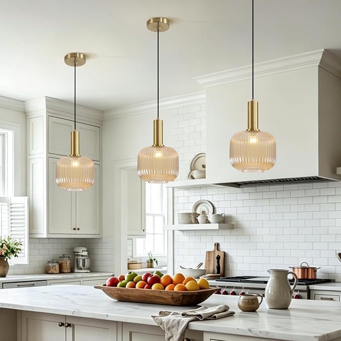 KCO Lighting MCM Gold 7.9" Amber Ribbed Glass Pendant Lights Kitchen Island | Adjustable Cord for Sloped Ceilings, E26 Base, Vintage Brushed Brass Hanging Light for Living Dining Room Hallway Bar Bedroom - Image 5