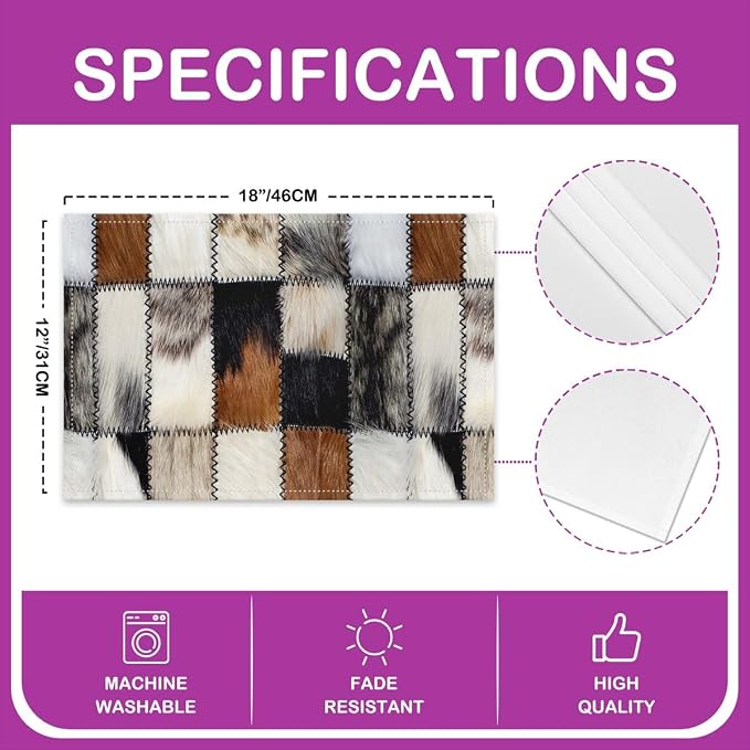 Feelyou 3D Cow Fur Print Placemats Set of 4 Western Farmhouse Animals Table Mats Cowhide Patchwork Plaid Place Mat for Kitchen Dining Table Party Decor Indoor Outdoor 18"x12" Non-Slip Easy to Clean - Image 4