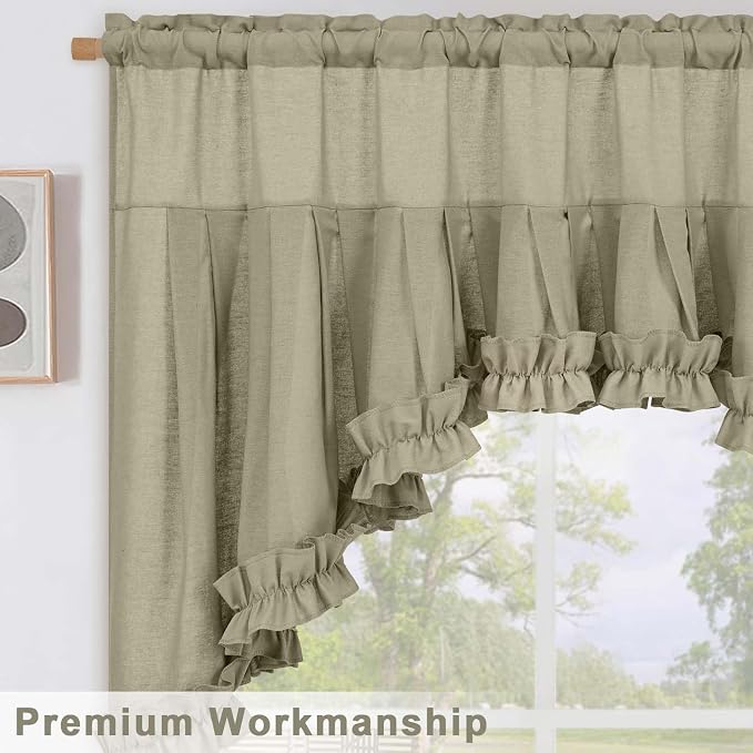 Likiyol Linen Valances for Windows Farmhouse Ruffle Swag Valance Rustic Country Window Valances Light Filtering Kitchen Curtains Rod Pocket Valance Curtains for Bathroom Cafe, Grey Brown, 60"W x 36"L - Image 6