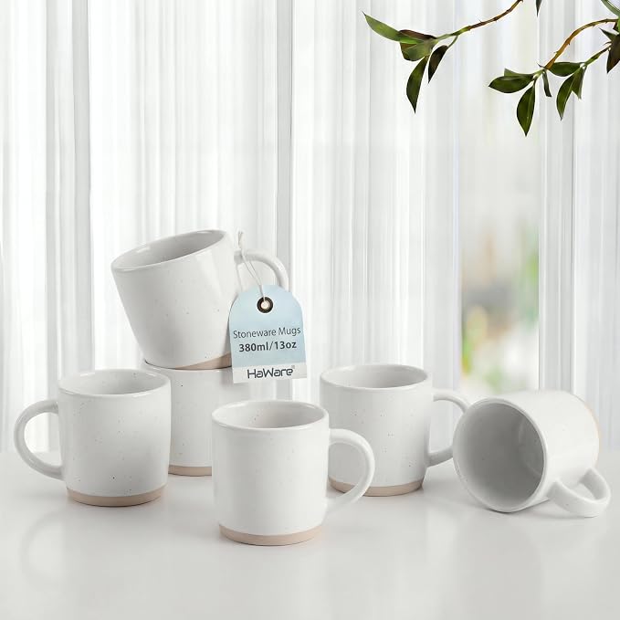 HaWare 13OZ Coffee Mugs Set of 6, Stoneware Coffee Cups, Ceramic Latte Mug for Man, Woman, Dad, Mom, Modern Tea Mugs for Latte/Cappuccino/Cocoa/Milk, Dishwasher& Microwave Safe, Speckled Milky White by HaWare