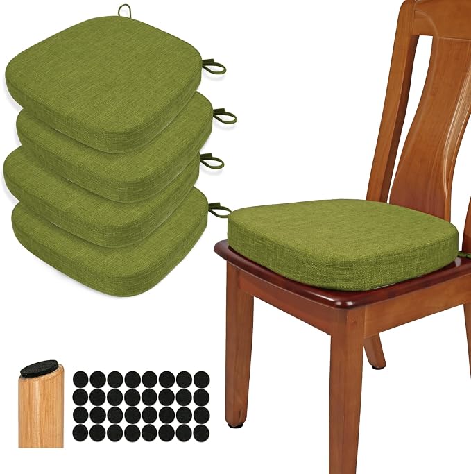 BUYUE Thickened 2.5" Dining Chair Cushions Set of 4, U-Shape High Density Foam Comfortable Chair Pads for Kitchen, Slip Resistant Indoor Seat Cushions (4 PCS, Grass Green) by BUYUE