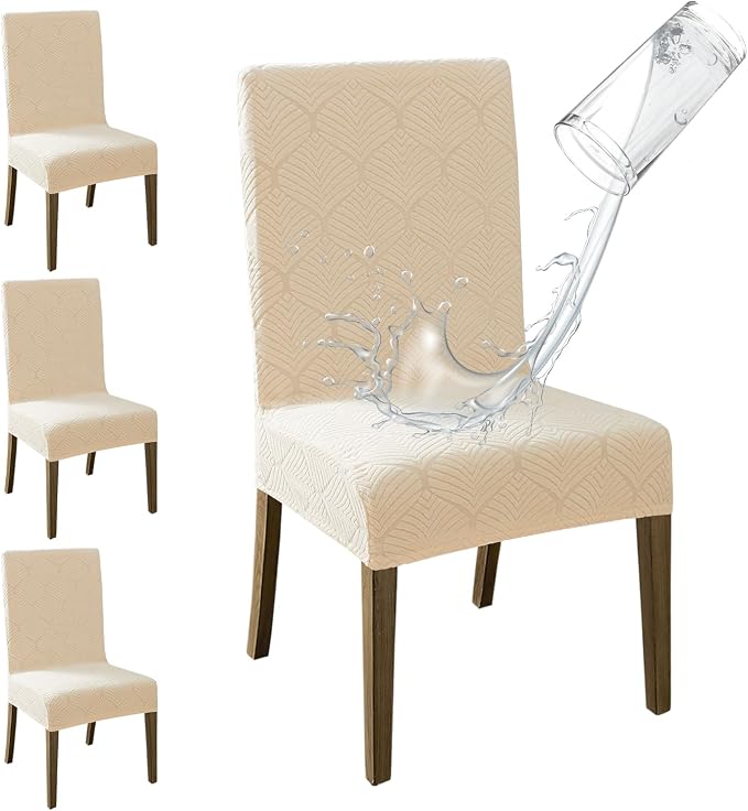 MOSAYT 100% Waterproof Dining Room Chair Covers Set of 4, Super Fit Stretch Jacquard Parson Chairs Slipcovers Removable Washable Chair Seat Protectors for Home, Kitchen, Banquet (Beige - XL) by MOSAYT
