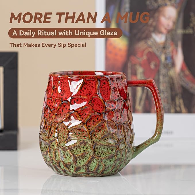 18oz Unique Red & Green Kiln-Change Ceramic Coffee Mug, Handcrafted Hammered Texture Ceramic Mug with Ergonomic Handle, Microwave & Dishwasher Safe, Gift for Coffee Lovers, Home Office Daily Use - Image 6