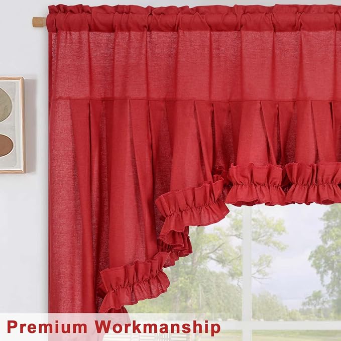 Likiyol Linen Valances for Windows Farmhouse Ruffle Swag Valance Rustic Country Window Valances Light Filtering Kitchen Curtains Rod Pocket Valance Curtains for Bathroom Cafe, Red, 60" W x 36" L - Image 6