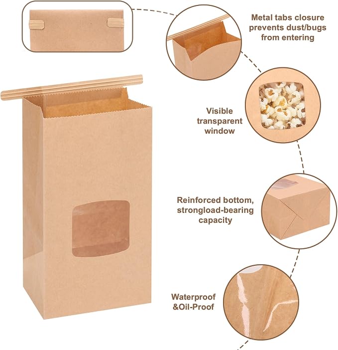 Moretoes 100pcs Small Bakery Cookie Bags with Seal,3.5x2.2x6.7In Treat Bags | Brown Kraft Paper Treat Bag with Window Seal by Tin Tie Tab for Homemade Bread Cookie Pastry Treat Bakery Gift Giving Packing - Image 3