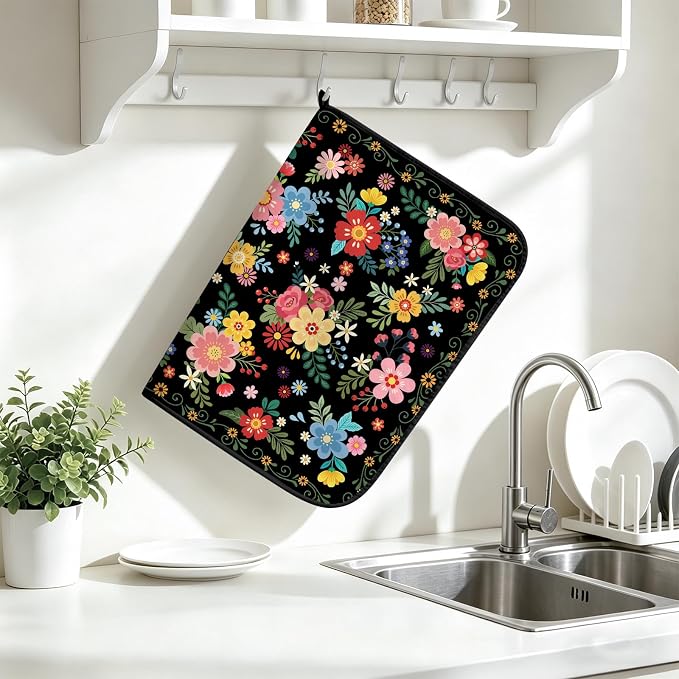 Tropical Floral Dish Drying Mat for Kitchen Counter Coffee Bar 18x24 in | Decorative Non Slip Absorbent Kitchen Dishes Drainer Mat, with Anti-slip Rubber Backing & Hanging Loop, for Sink, Home Decor - Image 7