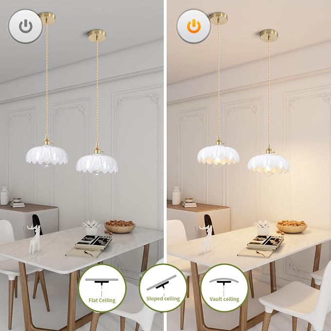 Mid Century Modern Pendant Light Nordic White Chandelier with Hand Blown Flower Glass Shade Brass Adjustable Height Dining Table Pendant Lamp with Switch for Kitchen Island Dining Room Hotel - Image 8