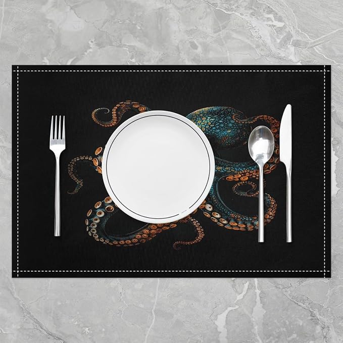 Feelyou Blue Black Octopus Placemats Set of 4 12"x18" Tentacles Table Mats Placemat Room Decor Ocean Kraken Placemats for Dining Table Indoor Outdoor Kitchen Sealife Sea Animal Decor Table Place Mats - Image 2