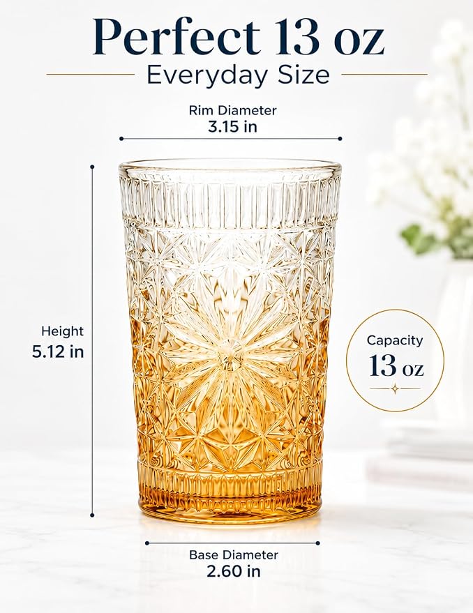Colored Vintage Drinking Glasses Set of 6, 13 oz Gradient Embossed Highball Glasses, Textured Glass Cups Tumblers for Water, Iced Coffee, Juice & Cocktails, Dishwasher Safe(Dahlia style) - Image 2