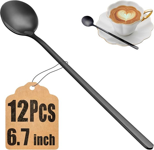 12 Pcs Teaspoons Set, 6.7 Inch Black Tea Spoons Long Handle, Black Small Teaspoons, Food Grade Stainless Steel Spoons, Long Spoon for Stirring, Metal Espresso Spoon by MUTNITT