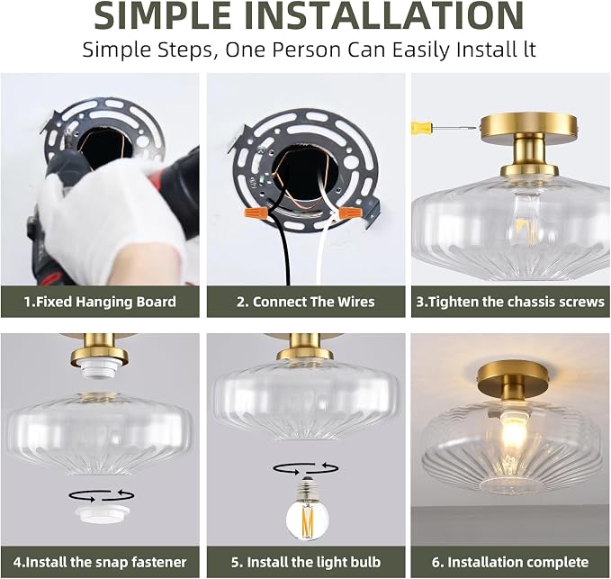 Semi Flush Mount Ceiling Light, 11.8 Inch Vintage Clear Crystal Glass Ceiling Light Fixture,Dining Room Lighting Fixtures for Kitchen, Hallway, Foyer, Bedroom, Bathroom, E26 Base (Bulb Not Included) - Image 6