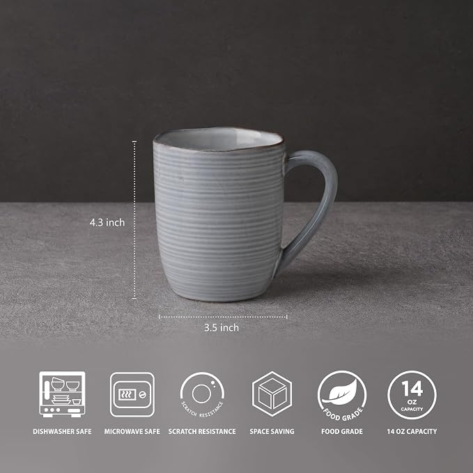 famiware Tempus Coffee Mugs Set of 4, 14 oz Coffee Cup Set, Stoneware Mugs with Handle for Coffee, Tea, Cocoa, Milk, Cappuccino, Microwave Safe - Pearl Blue - Image 2