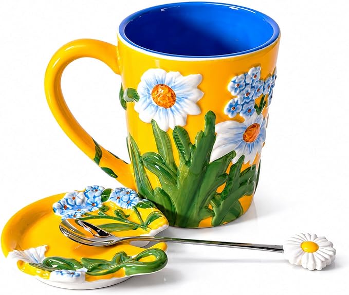 Ceramic Coffee Mug, 19 oz Large Floral Mug with Lid, Novelty Hand-Painted Mugs with Handle & Spoon, Dishwasher & Microwave Safe Cups for Coffee, Tea, Cocoa, Birthday Housewarming Wedding Gift - Yellow by Unknown