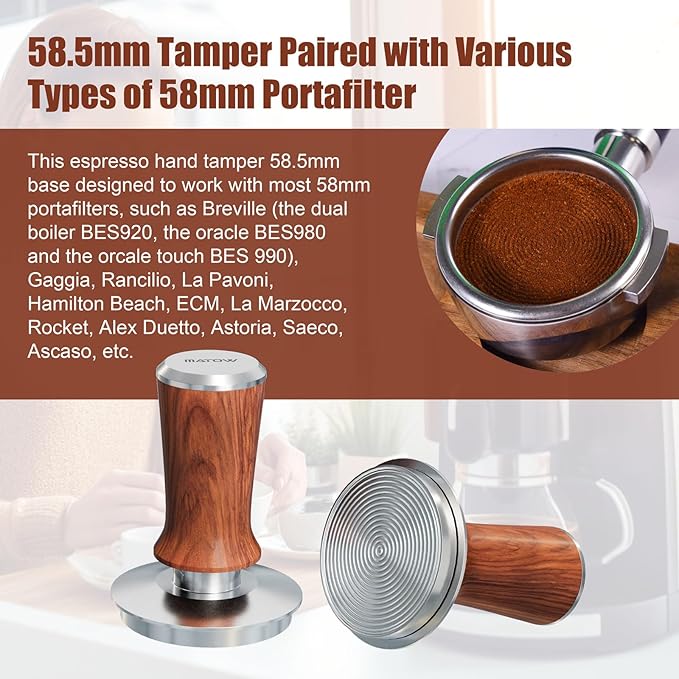 MATOW 58.5mm Espresso Hand Tamper, Dual Calibrated Spring Loaded Coffee Tamper with Stainless Steel Ripple Base, Pro-barista 30lbs Espresso Tamper with Red Rosewood Handle Fits 58mm Portafilter