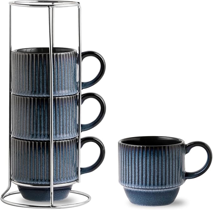 Hasense Navy Coffee Mugs Porcelain Set of 4 with Rack - 12 oz Stackable Coffee Cups Ceramic, Modern Ribbed Latte Cup Sets for Cappuccino, Tea, Espresso, Hot Cocoa, Drinks - Dishwasher & Microwave Safe by Hasense
