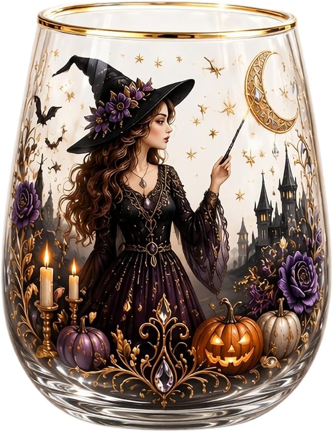 3D Halloween Autumn Glass Art Cup,Stemless Holiday Glassware Collection | Fantasy Fall Witch Wine Glasses,Holiday Printed Table Ornaments,Magical Halloween Home Decor Gifts for Various Beverages by Unknown