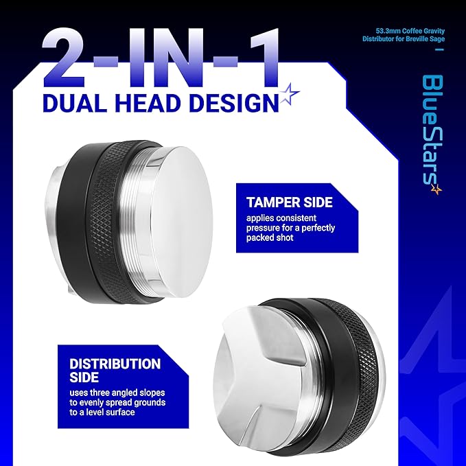BlueStars 53.3mm Coffee Gravity Distributor & Tamper - Dual Head Coffee Leveler Compatible with 54mm Breville Portafilter - 304 Stainless steel Adjustable Depth Espresso Distributor Tool