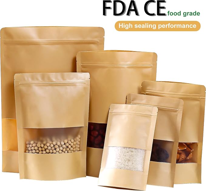 105 Pcs Windowed brown paper Bags，7 x 10 Inch Stand Up Pouches, Zip Lock Food Storage Bags， Reusable Sealing Pouches for Packaging Products(Brown) (7 * 10in) - Image 2