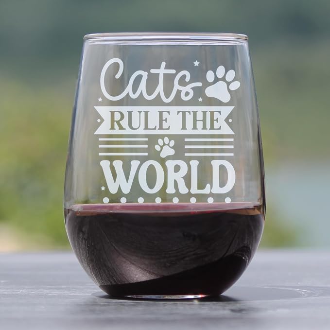 Cats Rule the World Stemless Wine Glass, Engraved Cat Lover, Unique Pet Theme Etched Kitty Fan Glassware - Image 2