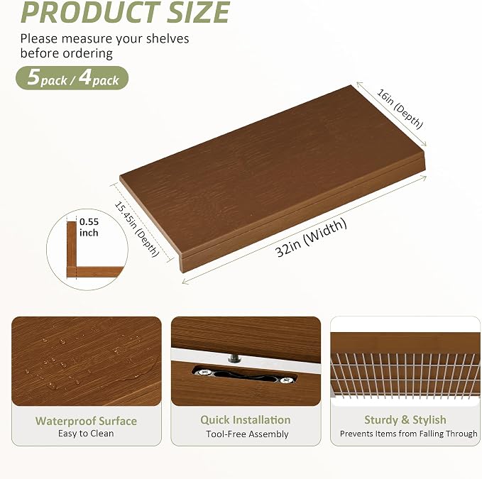 Wire Shelf Covers, Bamboo Wire Rack Covers for Pantry, Closet，Kitchen (5pcs, 32" W x 16" D, Walnut) - Image 2