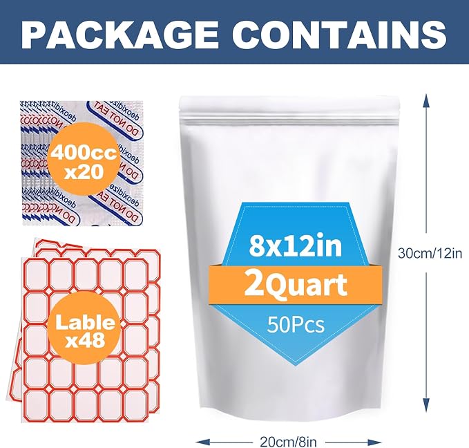 50PCS 2Quart 8"X12" Mylar Bags for Food Storage with Oxygen Absorbers&Lables,10 Mil Thick Resealable Stand-Up Zipper&Heat Sealable Vacuum Sealing Pouches for Long Term Food Storage - Image 2