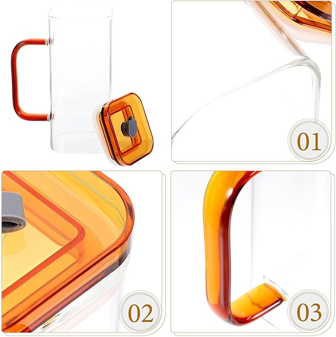 High Borosilicate Glass Cup with Straw and Amber Handle Square PP Lid Transparent Beverage Tumbler for Milk Juice Iced Coffee Portable Drinking Glass with Lid for Home and Outdoor