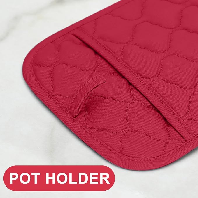 Oven Mitts Kitchen Towels and Dishcloths Pot Holders Sets, Oven Gloves Kitchen Dish Towels 500 Degree Heat Resistant Potholders with Non-Slip Silicone Surface for Cooking, Grilling, Baking-Red - Image 3