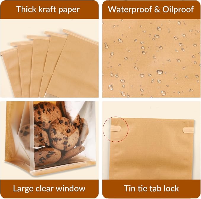 105 Pcs Small Bakery Bags with Window, Paper Cookie Bags | 3.9x5.1x11.2 Inches Ties Lock Resealable Paper Treat Bags for Homemade Breads, Popcorn, Candies,Snacks, Baked Goods Packagin - Image 3