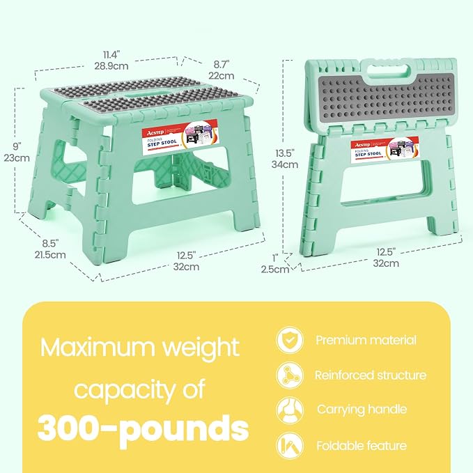 ACSTEP 9 Inch Folding Step Stool 300 LB Capacity Non Slip Foot Stool with Handle Plastic Foldable Step Stools for Kids Stepping Stool for Bathroom Black Small Step Stool (1 PC Teal) | Heavy Duty Foldable Stools, Lightweight, Holds 300 lb, for Toddler K... - Image 4