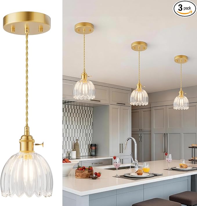 Ralbay Vintage Pendant Lights Kitchen Island,Clear Tulip Glass Shade,3Packs | Mini Pendant Light Fixture with Switch, Adjustable Brass Hanging Light for Bedroom, Dining Room, Hallway, Bar by RalbayLighting