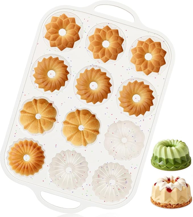 Vinino 3 Inch Mini Fluted Cake Pan, 1 Pack with Metal Frame | 4 Shapes 12 Cavity Mini Cake Mold for Flan, Jello, Pudding, Brownies & Desserts, Easy Release Silicone Design by VININO