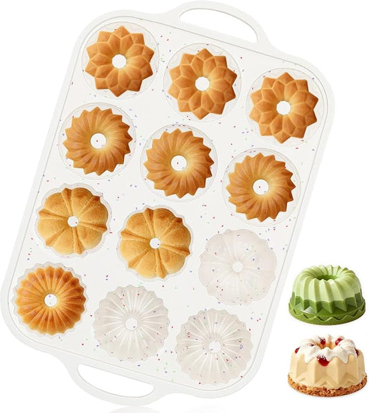 Vinino 3 Inch Mini Fluted Cake Pan, 1 Pack with Metal Frame | 4 Shapes 12 Cavity Mini Cake Mold for Flan, Jello, Pudding, Brownies & Desserts, Easy Release Silicone Design by VININO