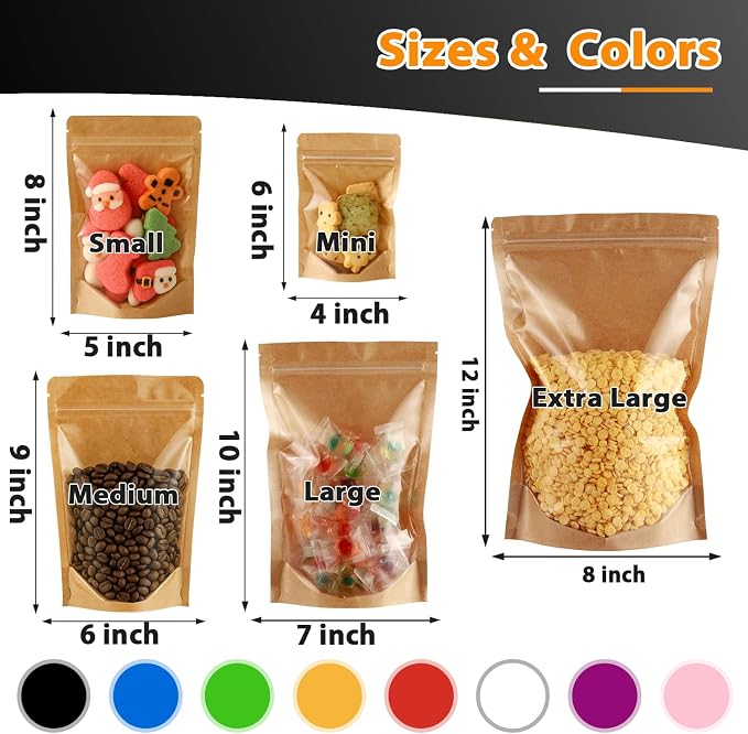 200 Pack Kraft Paper Bags with Clear Window 4x6 Reclosable Small Stand Up Mylar Bags for Food Storage Resealable Smell Proof Pouch, Edible Packaging, Reusable bags for Small Business - Image 5