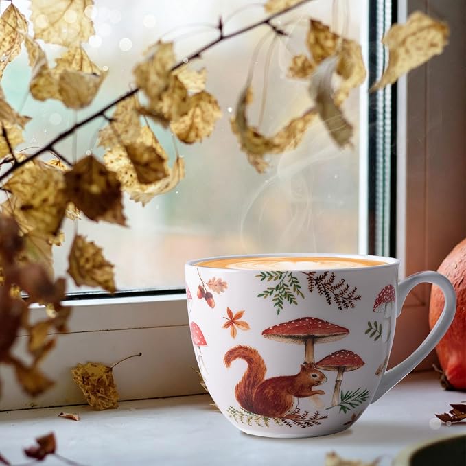 Autumn Squirrel Hug Mug – 20oz Bone China Coffee Mug, Cozy Fall Mushroom Forest Design, Gift for Nature Lovers and Friends, Designed in England by Harvest Green Studio - Image 6