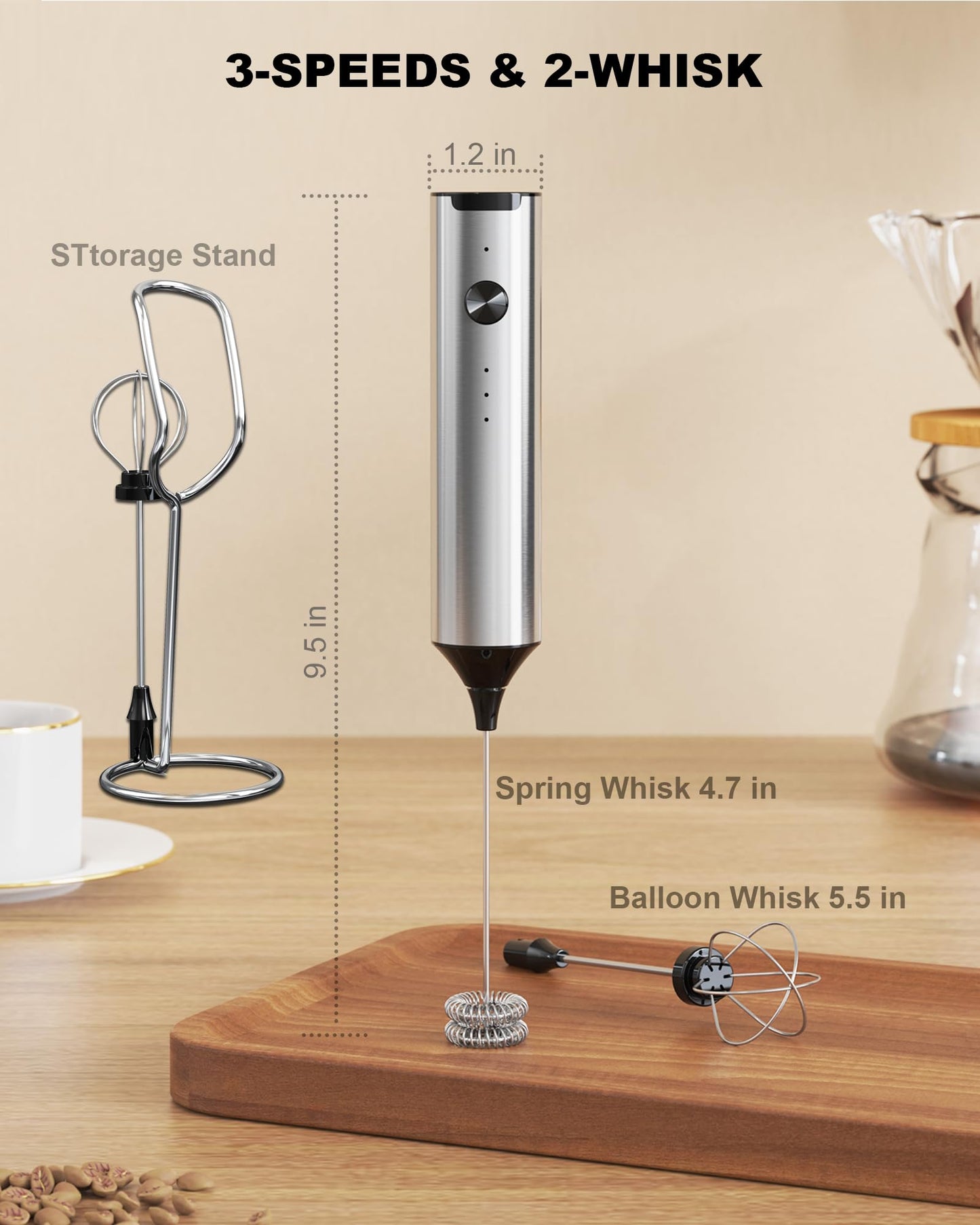 Rechargeable 3-Speed Milk Frother Wand (Black)