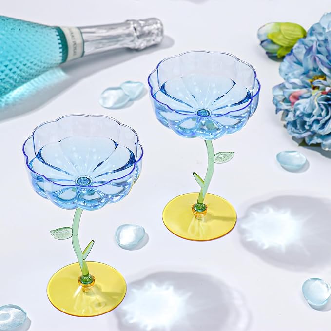 48 Pcs Blue Plastic Ribbed Coupe Glasses Detachable 7oz Flower Cocktail Glasses Modern Wavy Plastic Cocktail Coupes Disposable Martini Glasses Mimosa Glassware champagne goblets (48, Blue) - Image 4