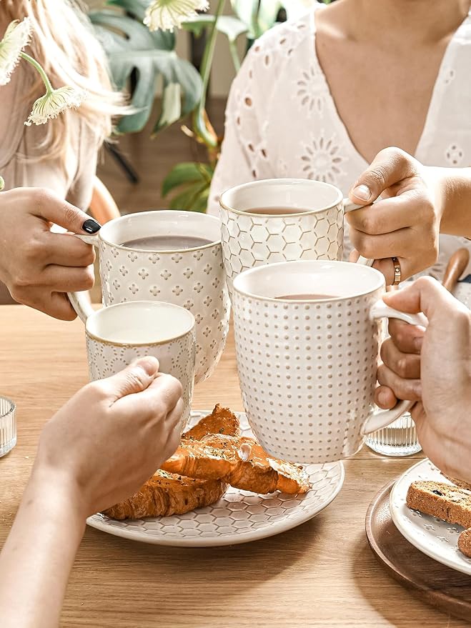 LE TAUCI Coffee Mugs 16 oz,Ceramic Mug Set, Embossment Cups for Latte, Hot Tea, Cappuccino, Mocha, Cocoa, Dishwasher Safe, Suit For Housewarming Wedding- 3.8 inch, Set of 4, Arctic White - Image 2