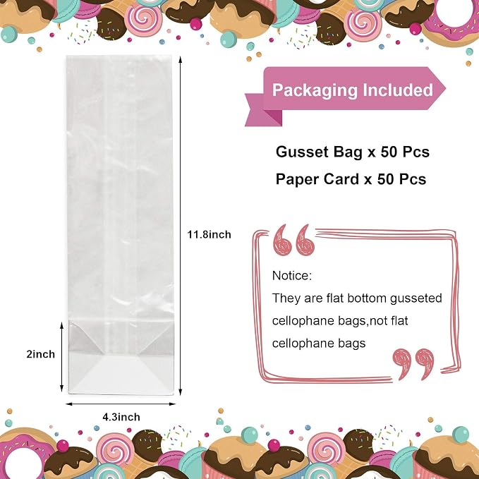 Morepack Gusseted Flat Bottom Cellophane Bags 4.3x2x11.8 Inch 50Pcs | with Paper Insert - Image 3
