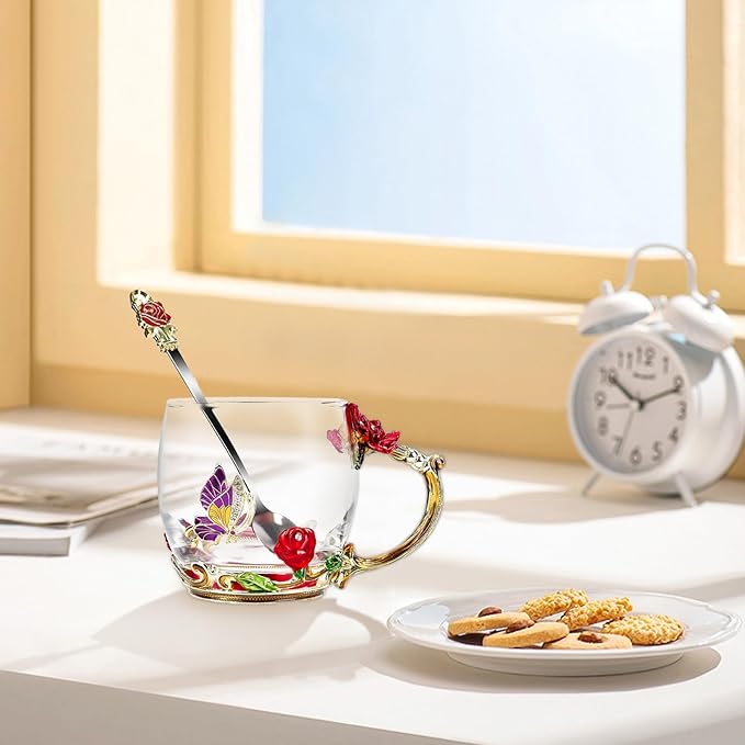 Flower Tea Cup,Butterfly Daisy Glass Fancy Coffee Mug with Spoon,Gift Box for Her Mom Wife Grandma Girls Friends Valentines Christmas Birthday Present Idea for Juice,Hot/Cold Drinks Use (Red rose)